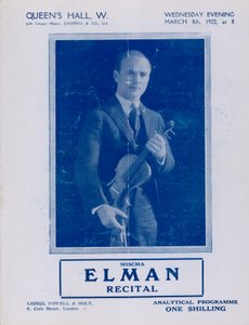 Program för Mischa Elman recital, Queens Hall, den 8 mars 1922 av English Photographer