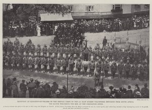 Mottagning på Kingston-on-Thames av Service Corps of the 2nd East Surrey Volunteers återvände från Sydafrika, borgmästaren välkomnade männen vid kröningsstenen av English Photographer