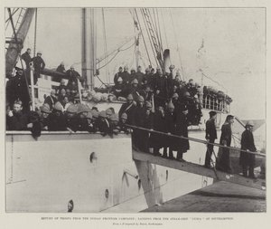 Truppernas återkomst från Indian Frontier Campaign, landning från Steam-Ship Nubia vid Southampton av English Photographer
