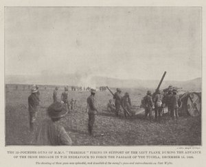 12-pundspistolerna från HMS Terrible skjuter till stöd för vänsterflanken under den irländska brigadens frammarsch i strävan att tvinga fram passagen av Tugela, 15 december 1899 av English Photographer