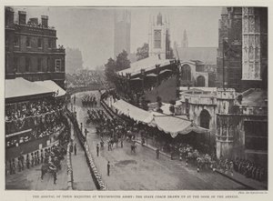 Deras majestäts ankomst till Westminster Abbey, statstränaren upprättad vid dörren till annexet av English Photographer