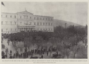 Försöket på kungen av Greklands liv, en populär demonstration framför det kungliga palatset, Aten, för att fira Hans Majestäts flykt av English Photographer