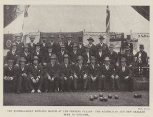 Australasian Bowling Match på Crystal Palace, Australiens och Nya Zeelands lag i uniform av English Photographer