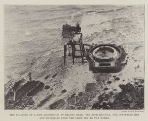 Byggandet av en ny fyr vid Beachy Head, Rope Railway, för att transportera män och material från klipptoppen till verken av English Photographer
