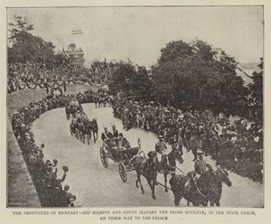 Festligheterna i Ungern, hans majestät och greve Szapary premiärministern, i statsvagnen, på väg till palatset av English Photographer