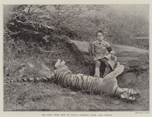 Den första tigern skjuten av prins Bughwan Singh, tolv år gammal av English Photographer