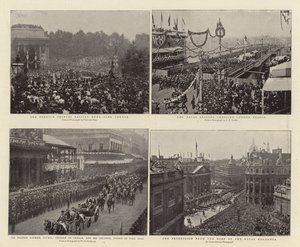 De utländska prinsarna passerar Hyde Park Corner, Sir Wilfrid Laurier, GCMG, Kanadas premiärminister, och Colonial Escort i Pall Mall, Naval Brigade som korsar London Bridge, processionen från Roof of the the av English Photographer
