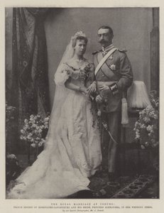 Det kungliga äktenskapet i Coburg, prins Ernest av Hohenlohe-Langenburg och hans brud, prinsessan Alexandra, i sin bröllopsklänning av English Photographer