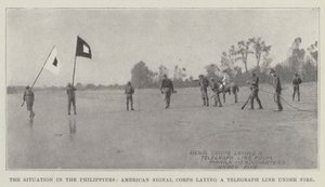 Situationen i Filippinerna, American Signal Corps lägger en telegraflinje under eld av English Photographer