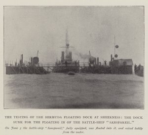 Testningen av Bermudas flytdocka vid Sheerness, dockan sänkt för inflyttning av Battle-Ship Sanspareil av English Photographer