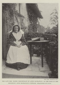 Den avlidna fru Baker (ättling till Anne Hathaway), vid dörren till hennes bostad, Anne Hathaways Cottage, Stratford-on-Avon av English Photographer