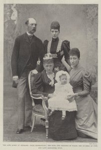 Den bortgångne drottningen av Danmark, fyra generationer, kungen, prinsessan av Wales, hertiginnan av Fife och Lady Alexandra Duff av English Photographer
