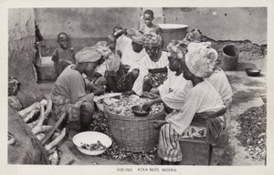 Kvinnor som skalar kolanötter, Nigeria (s/v foto) av English Photographer