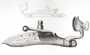Tändstickslås från 1600-talet. Mekanism eller lås som används för att avfyra ett handhållet skjutvapen, från The British Army: Its Origins, Progress and Equipment, publicerad 1868. av English School