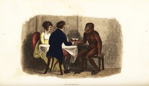 Holländskt par från 1700-talet som dricker vin med en borneansk orangutang vid matbordet av English School