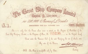 Ett aktiecertifikat på £1 utfärdat av The Great Ship Company Limited av English School