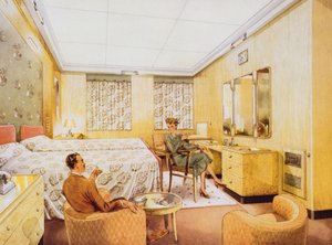 Ett sovrum ombord på RMS Caronia, ca 1950 av English School