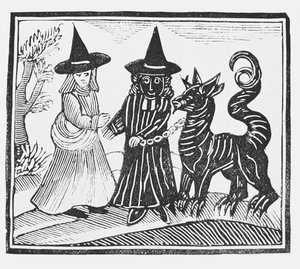 En svart och en vit häxa med ett djävulsdjur, illustration från en samling kapböcker om esoterica av English School