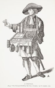 A Chapman, från The Cries and Habits of the City of London av M. Lauren, 1709, frontispiceillustration från Chap-books of the artonde århundradet av John Ashton, pub. 1882 av English School