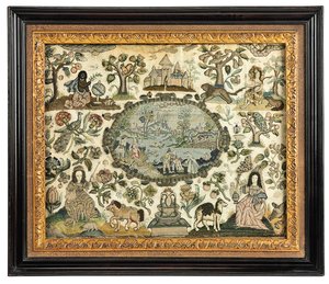 En Karl II handarbetsbild av Afrika och den nya världen, c.1660-70 av English School