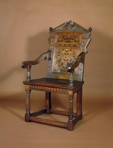 En Charles I-fåtölj, mitten av 1600-talet (ek med intarsia) av English School