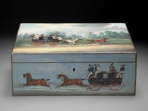 En cigarrlåda målad med scener från Taglioni-tryck, ca 1840 (olja på fruktträ) (se 285536 för bakifrån) av English School