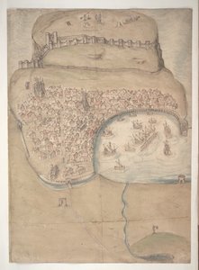 En färgad plan eller fågelperspektiv över Scarborough Town och Castle av English School