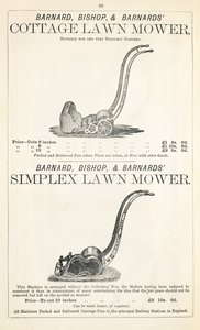 A Cottage and Simplex gräsklippare, illustration från en trädgårdskatalog, publicerad av Barnard Bishop & Barnard, 1878 av English School