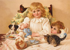 Familjens tebjudning (chromolitho) av English School