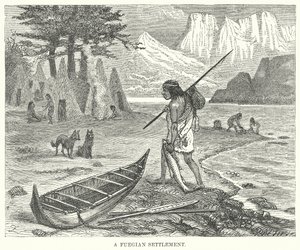 Eine Feuerland-Siedlung (Gravur) von English School