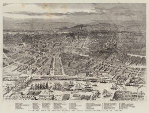 En allmän bild av Belfast, Ulster, den högsta tillverkande staden Irland (gravyr) av English School