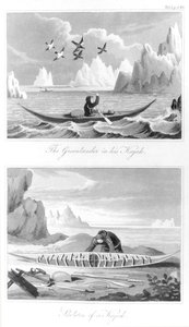 En grönländare och hans kajak, från History of Greenland av David Crantz, 1820 av English School