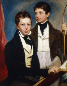 Ett gruppporträtt av Musgrave Morris Boys, en sittande halvlängd i en mörk jacka, håller en bok, den andra stående tre fjärdedels längd i en mörk jacka, håller en båge, ca 1830 av English School