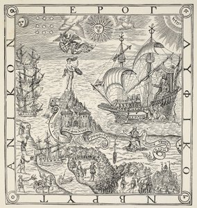 En hieroglyf av Storbritannien, frontispice till allmänna och sällsynta minnesmärken som hänför sig till den perfekta navigeringsarten av John Dee (1527-1609), 1577 av English School
