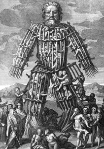 En enorm koloss gjord av Osier-kvistar, där män brändes levande till gudarnas ära, graverad av Cornelis Huyberts, illustration till Caesars Commentaries översatt till engelska av William Duncan, av English School