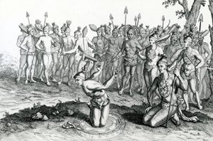 En kung av Florida som konsulterade sin trollkarl innan han gick till Battle, illustration hämtad från Moores Voyages and Travels, 1778 av English School