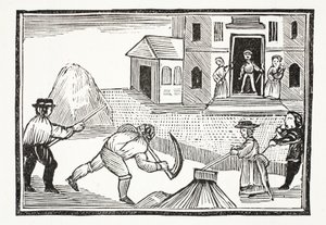 En man som klipper gräs med en lie, som tog allt före det, illustration från Chap-books of the Eighteenth Century av John Ashton, pub. 1882 av English School