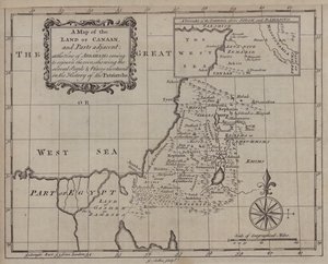 En karta över Kanaans land och angränsande delar, vid tiden för Abrahams ankomst för att vistas i landet, som visar de olika människor och platser som nämns i patriarkernas historia (gravyr) av English School