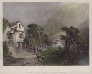 A Mill on the Llanberris (färgad gravyr) av English School