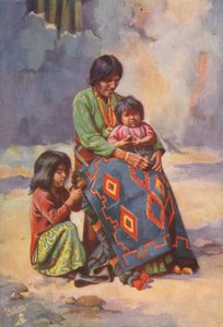 En squaw från Navajoindianerna och barn (färglitografi) av English School