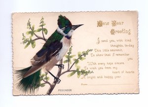 Ett hälsningskort för nyår av en kungsfiskare gjord av fjädrar monterade på ett handmålat träd, cirka 1900 av English School