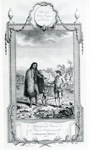 En patagonisk kvinna och pojke i sällskap med Commodore Byron, illustration hämtad från Moores Voyages and Travels, 1778 av English School