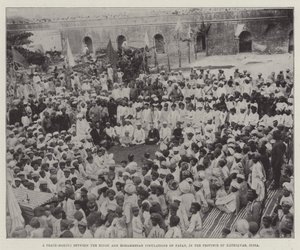 Ett fredsskapande mellan den hinduiska och muhammedanska befolkningen i Patan, i provinsen Kathiawar, Indien (gravyr) av English School