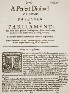 A Perfect Diurnall, faksimil på förstasidan av nummer 26, 1643, illustration från Cassells Illustrated History of England (sepiafoto) av English School
