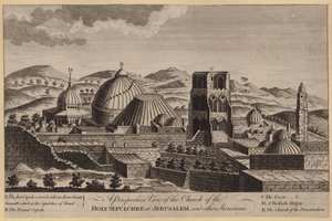 En perspektivvy av den heliga gravens kyrka i Jerusalem och andra strukturer (gravyr) av English School