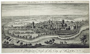 En perspektivvy av staden Bath, graverad för Universal Magazine, c.1750 av English School