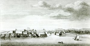 Utsikt över Moros slott och Havanna stad från havet, graverad av Pierre Charles Canot efter en ritning av en officer i den brittiska flottan, 1818. av English School