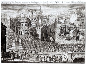 En utsikt över staden och hamnen i Carthagena, tagen av engelsmännen under den tappre amiral Vernon, 1741 av English School