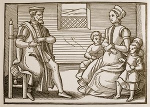 En puritansk familj, från Tenor of the Whole Psalms in Four Parts, 1563 (sepiafoto) av English School