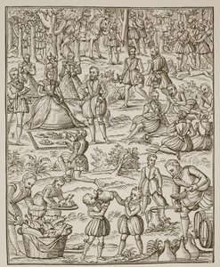 A Royal Picnic, tallrik från Noble Art of Venerie and Hunting av George Turberville, 1575 (sepiafoto) av English School